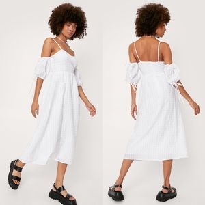 NASTY GAL Gingham Cold Shoulder Midi Sundress in White Size 4